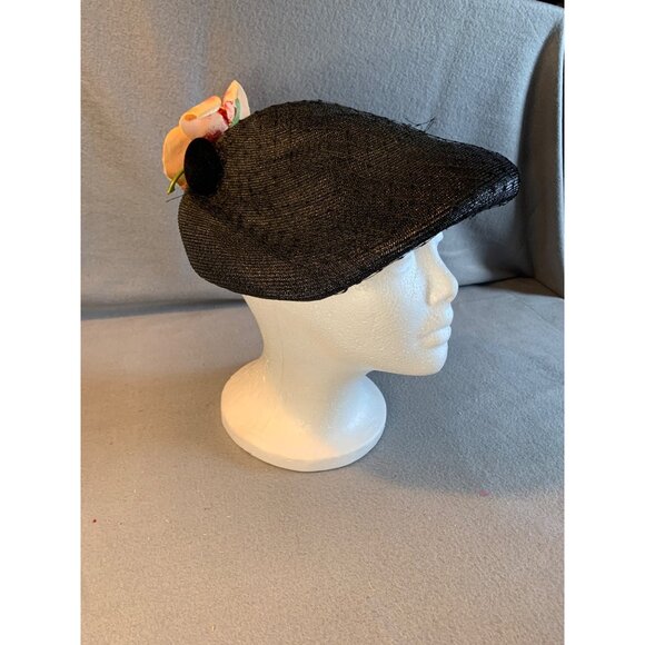 Abramson's Ladies Black Hat with Silk Flower and Velvet Button Vintage - Picture 7 of 10